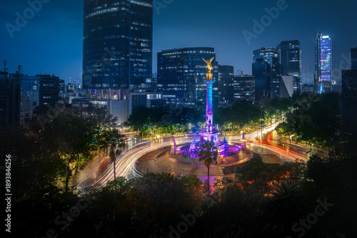 Angel of Independence Monument and Paseo de la Reforma Avenue aerial view at night - Mexico City, Mexico