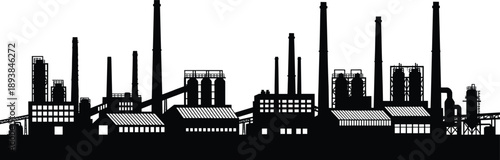 Industrial factory silhouette panorama featuring heavy manufacturing plant buildings, power station chimneys, smoke stacks, and engineering architecture for urban production landscape design.