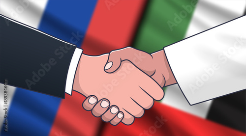 Vector politico economic poster. Blurred wavy flags of Russian Federation and United Arab Emirates. Relations between countries. Handshake and deal. Russia and Emirate
