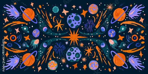 Colorful illustration of planets stars and celestial bodies in space