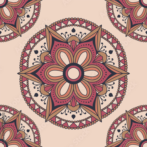 This seamless mandala pattern uses warm beige and red tones with floral and geometric details arranged in a balanced circular form. Designed for repeating layouts on wallpaper, textiles, packaging.