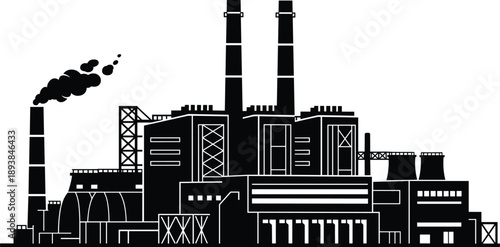 Industrial Power Plant Factory Silhouette Vector, Heavy Manufacturing Infrastructure Building with Smoking Chimneys, Thermal Station and Energy Production Facility Outline