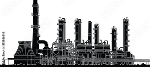 Industrial oil refinery silhouette with chemical processing plant towers, cooling systems, and intricate pipework isolated on a white background for engineering.