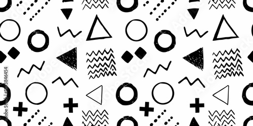 Abstract geometric pattern with triangles circles and wavy lines