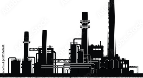 Industrial refinery factory silhouette with tall chimneys and complex pipe systems for oil gas processing and chemical production plant vector illustration.