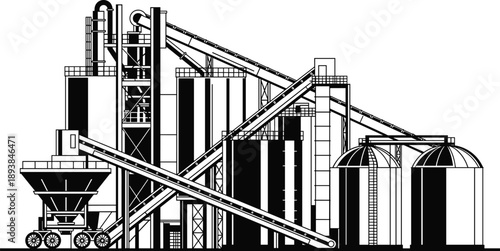 Industrial refinery plant silhouette with multiple tall chimneys, complex pipe systems, chemical processing tanks, and oil gas production facility vector illustration..eps