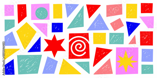 A colorful abstract composition of geometric shapes and playful designs