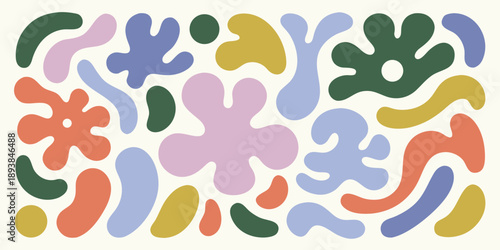 Abstract organic shapes in pastel and muted colors fill the frame