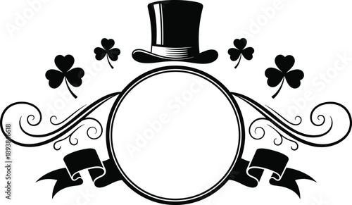 St Patricks Day vintage round frame with leprechaun top hat and shamrock leaves plus ornamental swirls and blank space for text or logo