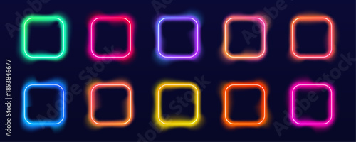 Abstract neon square frame glimmers on deep black space. Smooth gradients create a luminous night atmosphere. Vector illustration fits modern digital advertising. PNG