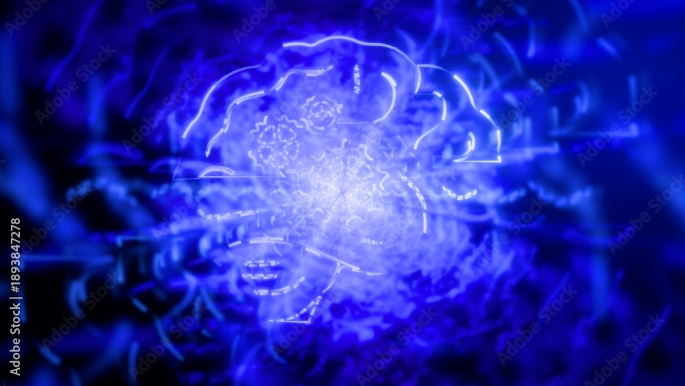 Obraz premium Artificial Intelligence and Creative Mind Concept on Dark Background, Futuristic Digital Brain Illustration in Violet Neon Style