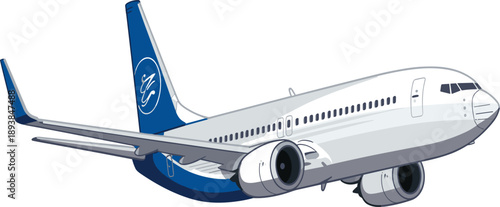 White commercial passenger airplane flying in blue sky side view vector illustration for travel tourism business