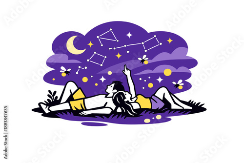 Summer night under stars. A couple lying on grass watching constellations, fireflies and soft light floating