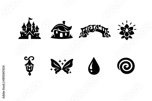 Spring fairy palace. Filled icon set of Spring fairy palace: fairy castle, leaf roof, vine bridge, glowing