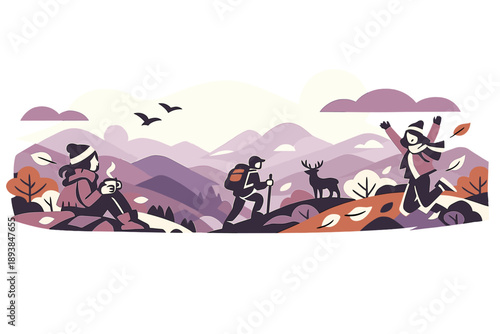 Fall colors panorama. Mountain ridges fade into the distance, painted with copper, rust, and soft purple tones