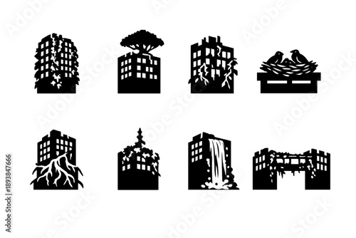 Nature reclaiming skyscrapers. Filled icon set of Nature reclaiming skyscrapers: ivy covered skyscraper, tree