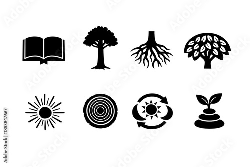 Wisdom growth concept. Filled icon set of Wisdom growth concept: ancient book, tall tree, branching roots,