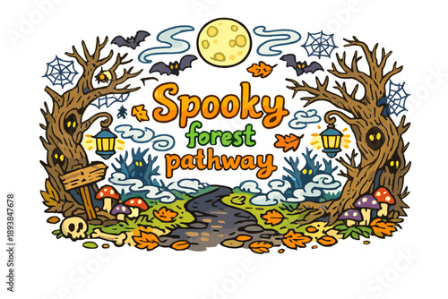 Spooky forest pathway. Hand-drawn doodle illustration of Spooky forest pathway. twisted trees, dark pathway,