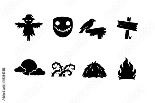 Haunted Scarecrow Icons. Haunted scarecrow legend. Filled icon set of Haunted scarecrow legend: scarecrow