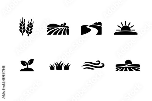 Rural spring fields. Filled icon set of Rural spring fields: barley ears, open field, country road, morning