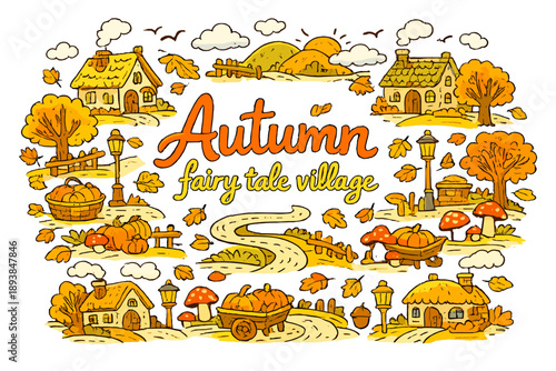 Autumn fairy tale village. Hand-drawn doodle illustration of Autumn fairy tale village. cozy cottages, golden