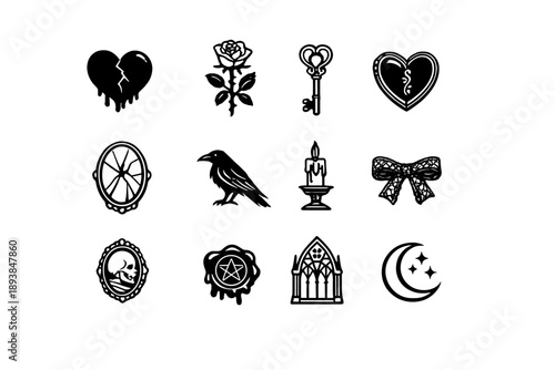 Dark gothic Valentine’s romance. Line outline icon set of Dark gothic Valentine’s romance: dark heart, thorny