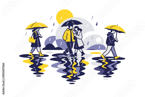 Rainy spring street with reflections. People walking with umbrellas, reflections stretching into abstract