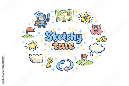 Sketchy tale. Hand drawn illustration of Sketchy tale. doodle hero, open map, curved road, surprise star, tiny