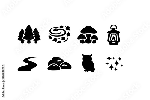 Magical autumn woods. Filled icon set of Magical autumn woods: golden trees, leaf swirl, mushroom cluster,
