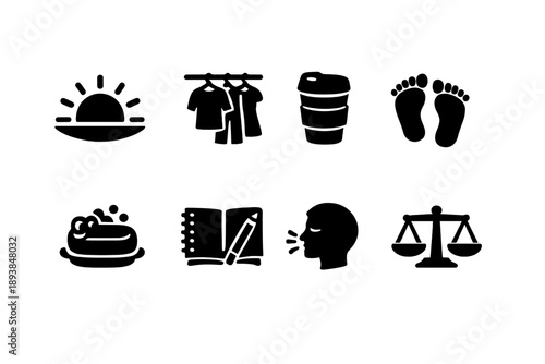 Eco conscious daily habits. Filled icon set of Eco conscious daily habits: morning sunlight, minimal wardrobe,