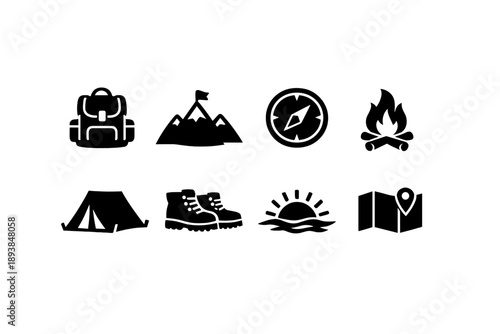 Summer adventure illustration. Filled icon set of Summer adventure illustration: backpack, mountain peak,