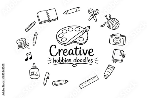 Creative hobbies doodles. Hand-drawn doodle illustration of Creative hobbies doodles. In the middle, one
