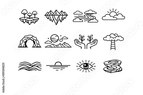 Dreamlike nature concept. Line outline icon set of Dreamlike nature concept: floating trees, upside-down