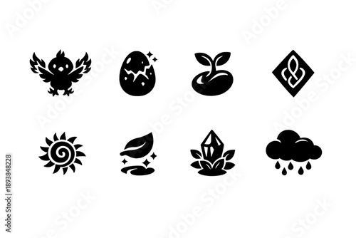 Mythical spring rebirth. Filled icon set of Mythical spring rebirth: phoenix chick, magic egg, sprouting seed,
