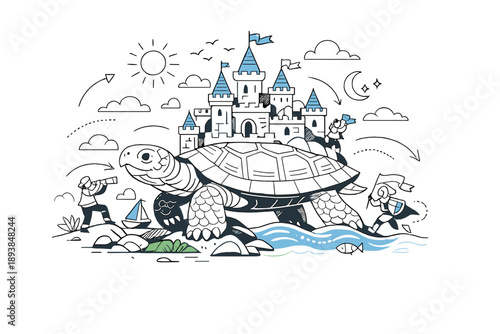 A castle built on the back of a colossal turtle. A massive turtle slowly walks across land and sea, an ancient