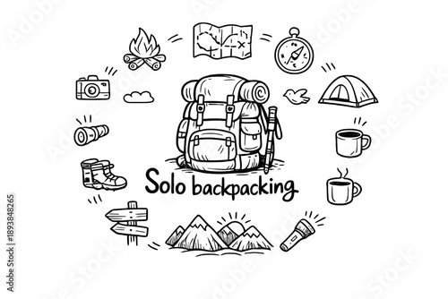Solo backpacking. Hand-drawn doodle illustration of Solo backpacking. In the middle, one slightly larger