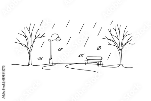 Rainy Street Minimalism. "Fall rain mood". Minimalistic one-line drawing street scene with bare trees, rain