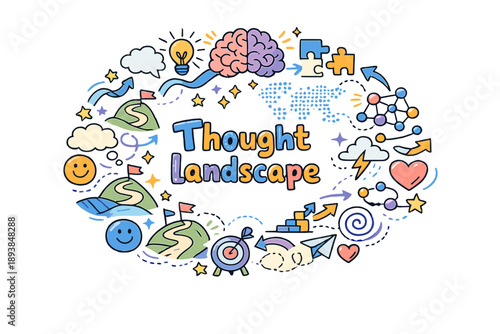 Thought landscape. Hand drawn illustration of Thought landscape. abstract brain, hills and paths, arrows,
