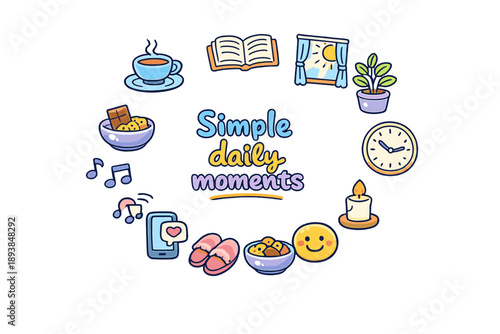 Simple daily moments. Hand drawn illustration of Simple daily moments. tea cup, open book, window sunlight,