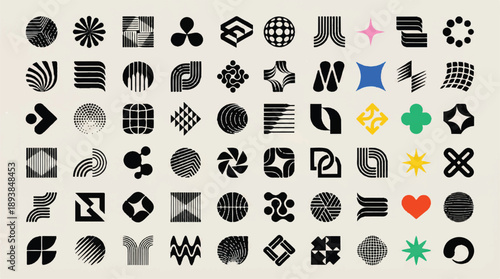 Collection of various geometric shapes and abstract icons on beige background