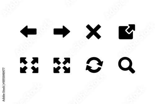 Interface Navigation. Filled icon set of Interface Navigation: back, forward, close, open in new, expand,