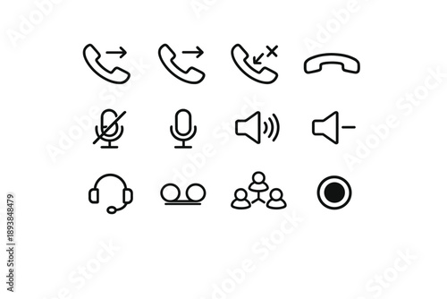 Call and voice icons. Line outline icon set of Call and voice icons: incoming call, outgoing call, missed call