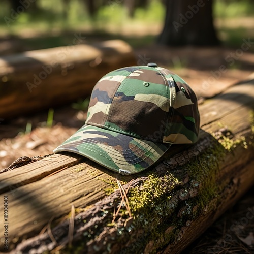 Wallpaper Mural Camouflage Cap on Mossy Log - Outdoor Style and Nature Connection. Torontodigital.ca