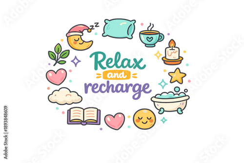Relax and recharge. Hand drawn illustration of Relax and recharge. sleeping moon, pillow, tea cup, candle,