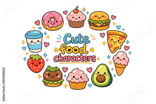 Cute food characters. Hand drawn illustration of Cute food characters. smiling donut, happy cupcake, cute