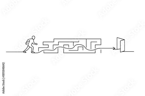 Logical Analysis. Minimalistic one-line drawing person navigating through a maze toward exit, continuous