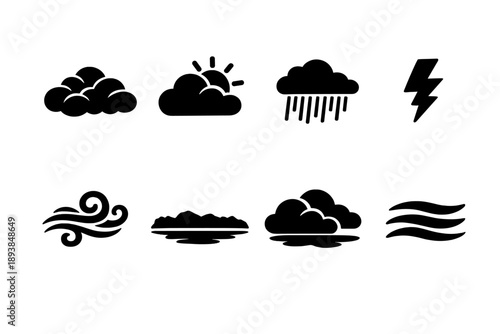 Stormy summer atmosphere. Filled icon set of Stormy summer atmosphere: rolling clouds, sun behind clouds, rain