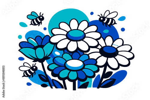 Blooming meadow. Close-up view of oversized wildflowers, petals overlapping in rhythmic patterns, bees