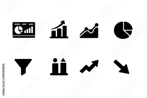 Analytics Report. Filled icon set of Analytics Report: dashboard panel, bar analytics, line analytics, pie