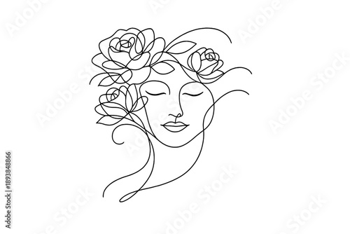 Floral Identity. Minimalistic one-line drawing calm human face blended with roses and organic curves,